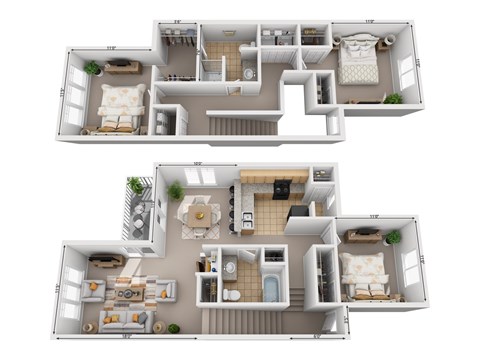 A top-down view of a two-story house with labeled rooms.